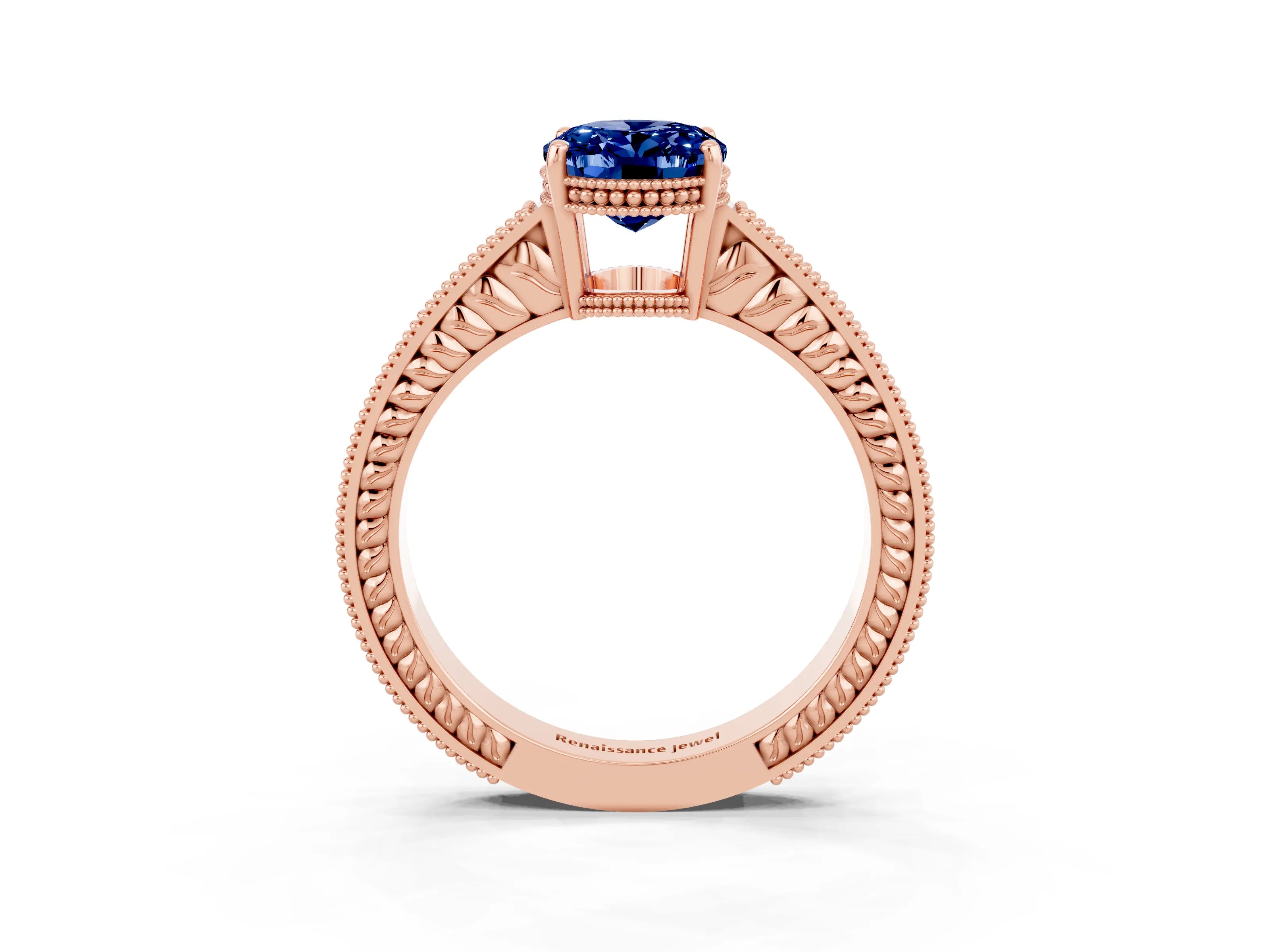 Rose gold Oval Cut Blue Sapphire Ring with Milgrain Pavé Band and Four-Prong Setting_15