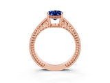 Rose gold Oval Cut Blue Sapphire Ring with Milgrain Pavé Band and Four-Prong Setting_15