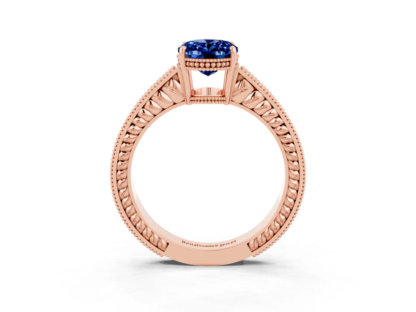 Rose gold Oval Cut Blue Sapphire Ring with Milgrain Pavé Band and Four-Prong Setting