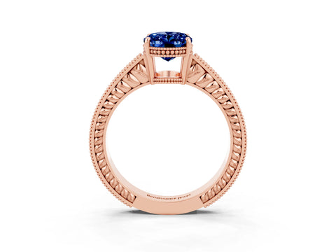 Rose gold Oval Cut Blue Sapphire Ring with Milgrain Pavé Band and Four-Prong Setting_15
