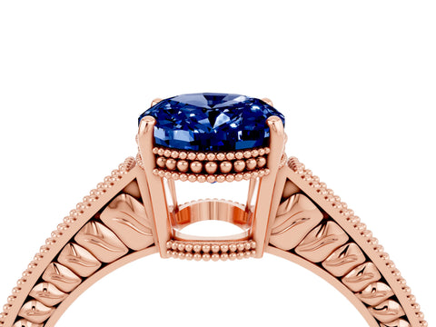 Rose gold Oval Cut Blue Sapphire Ring with Milgrain Pavé Band and Four-Prong Setting_16
