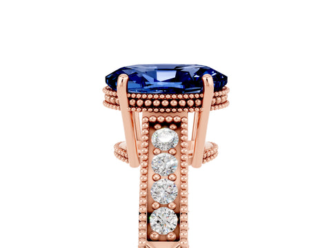 Rose gold Oval Cut Blue Sapphire Ring with Milgrain Pavé Band and Four-Prong Setting_17