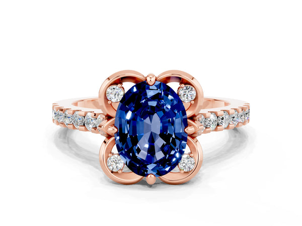 Rose gold Oval Cut Blue Sapphire Ring with Pavé Band and Floral Prong Setting
