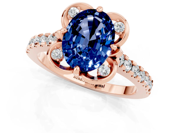Rose gold Oval Cut Blue Sapphire Ring with Pavé Band and Floral Prong Setting