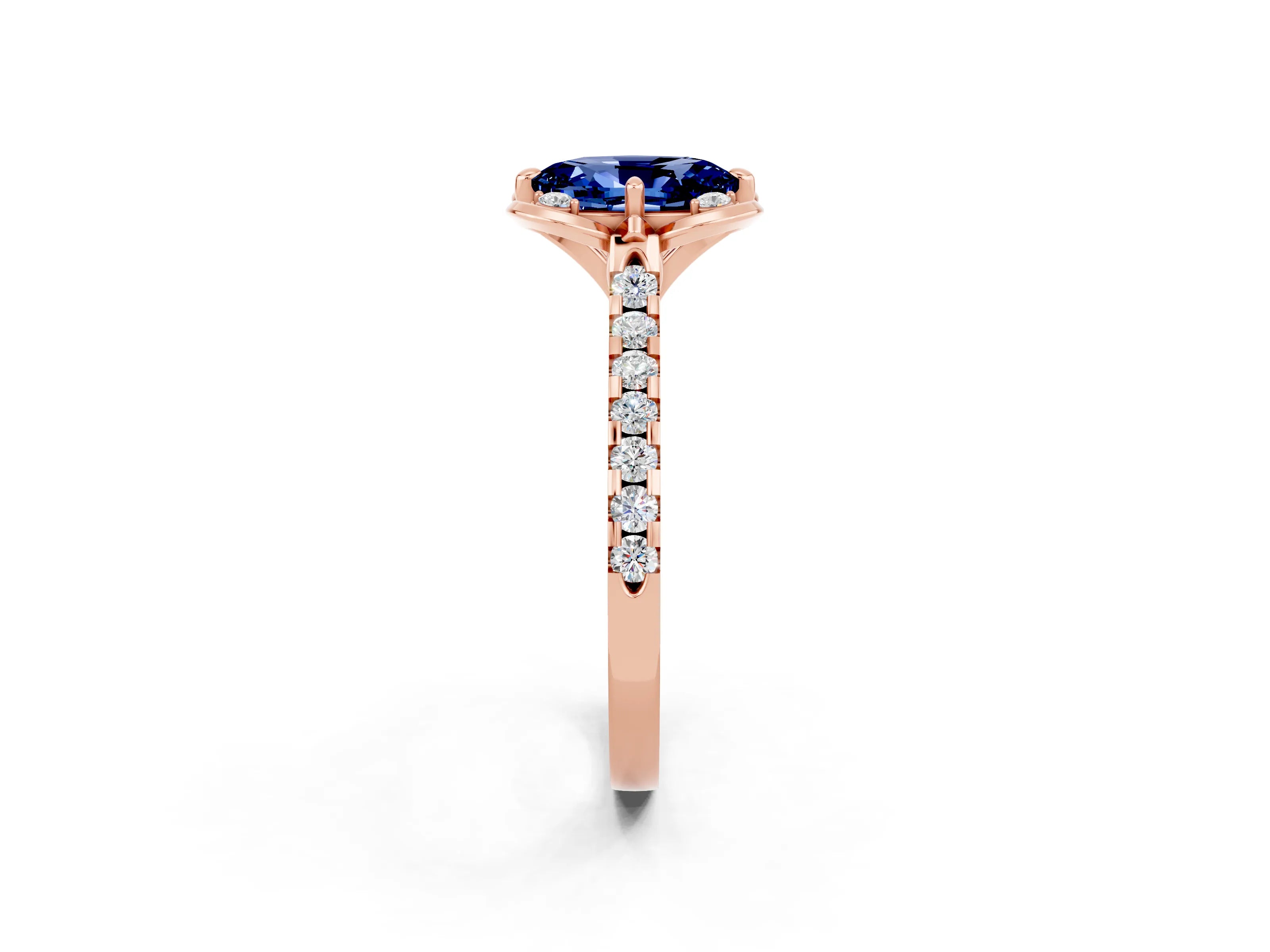 Rose gold Oval Cut Blue Sapphire Ring with Pavé Band and Floral Prong Setting_2