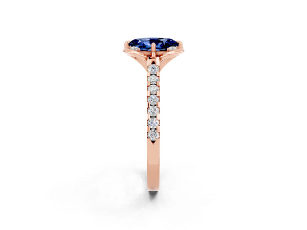 Rose gold Oval Cut Blue Sapphire Ring with Pavé Band and Floral Prong Setting