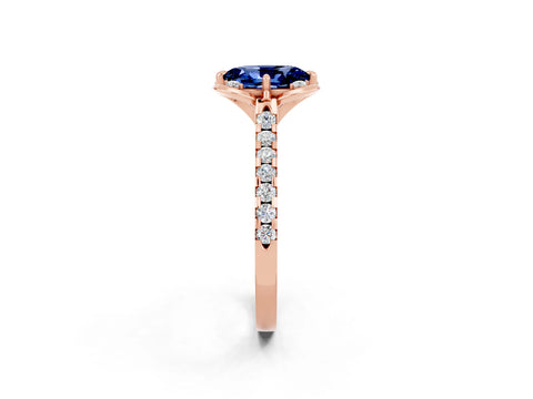 Rose gold Oval Cut Blue Sapphire Ring with Pavé Band and Floral Prong Setting_2