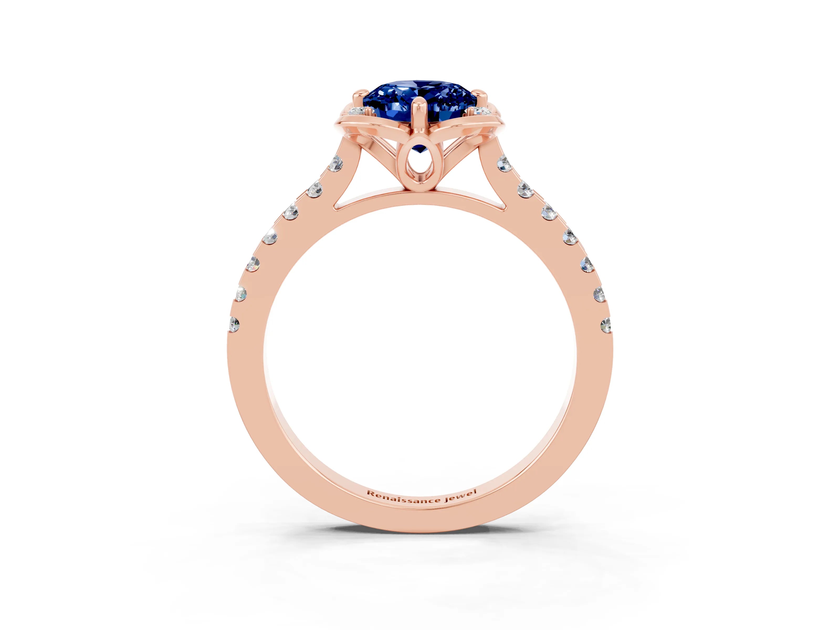 Rose gold Oval Cut Blue Sapphire Ring with Pavé Band and Floral Prong Setting_3