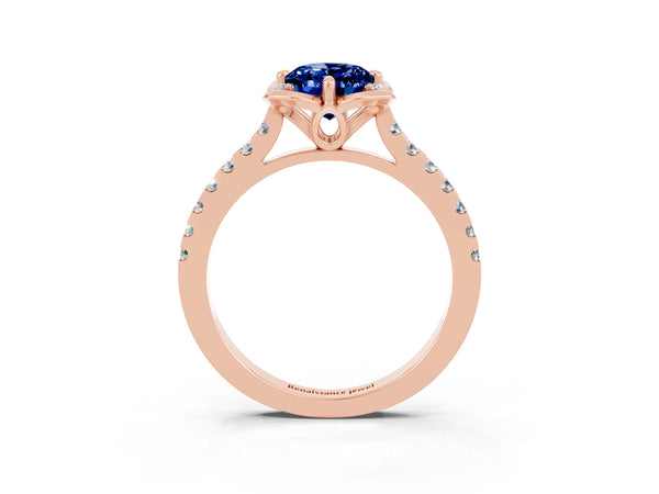 Rose gold Oval Cut Blue Sapphire Ring with Pavé Band and Floral Prong Setting
