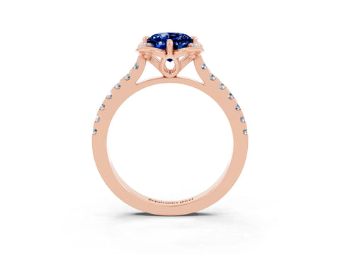 Rose gold Oval Cut Blue Sapphire Ring with Pavé Band and Floral Prong Setting_3
