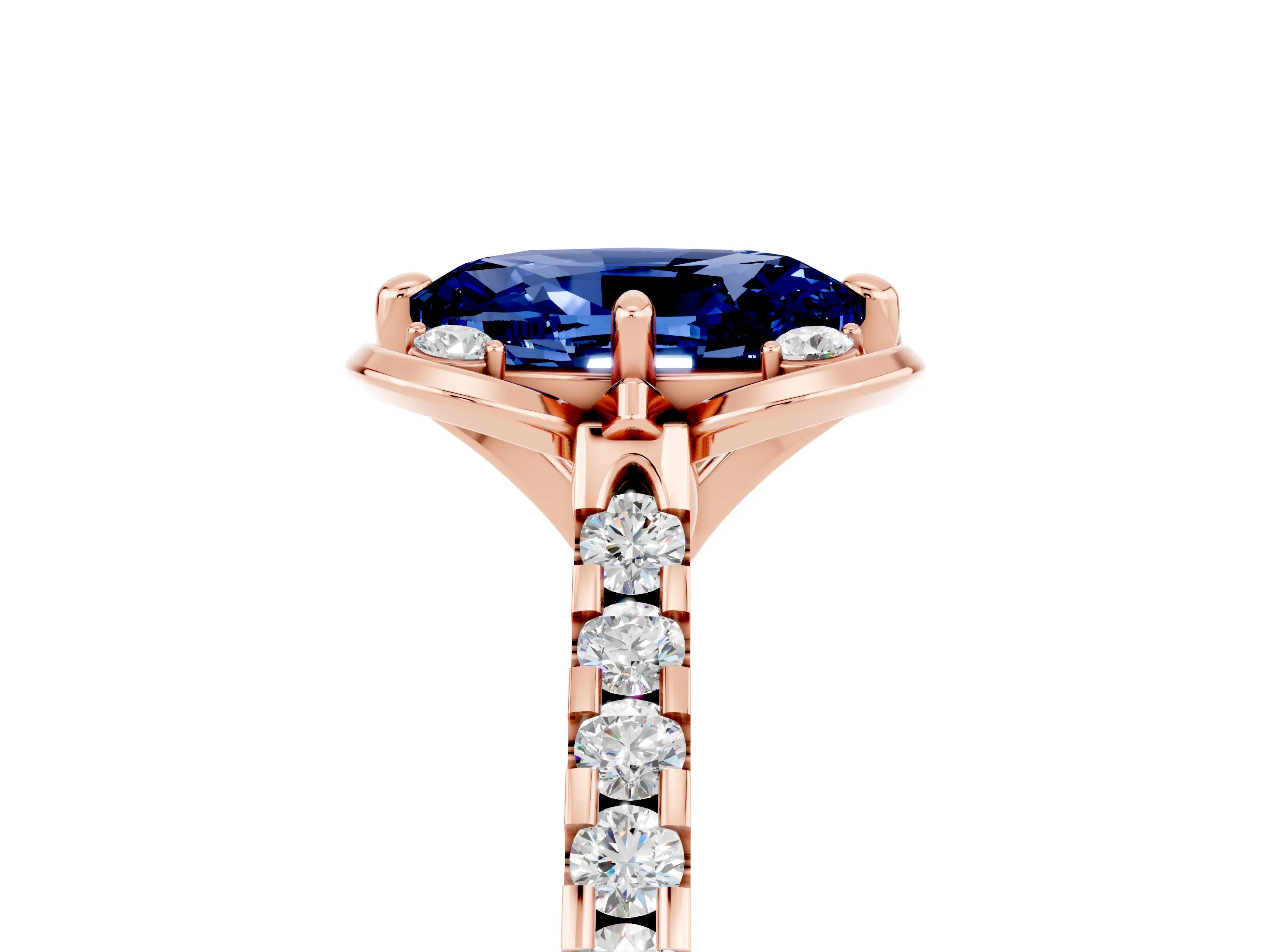 Rose gold Oval Cut Blue Sapphire Ring with Pavé Band and Floral Prong Setting_5
