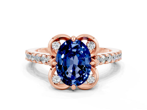 Rose gold Oval Cut Blue Sapphire Ring with Pavé Band and Floral Prong Setting