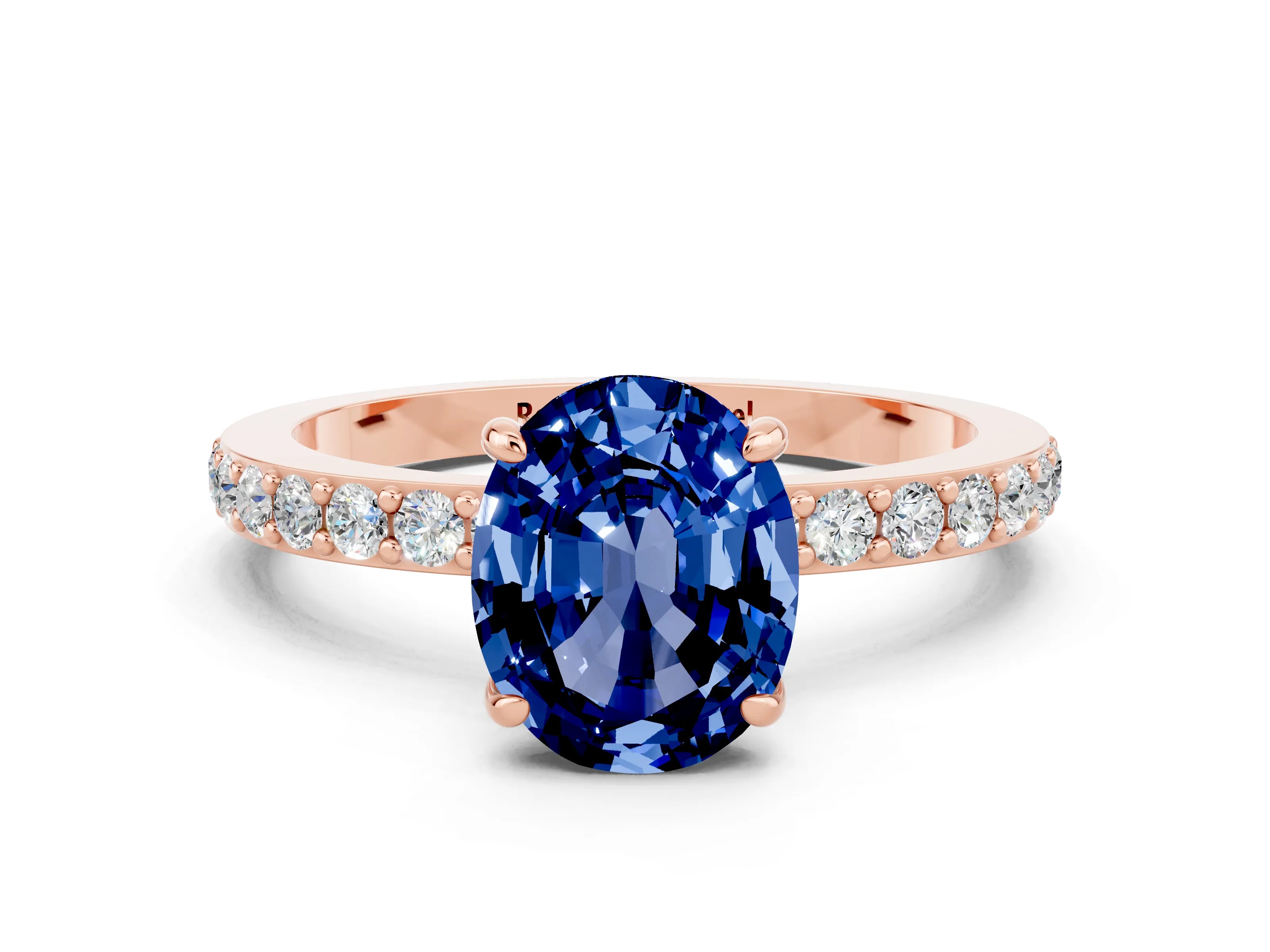 Rose gold Oval Cut Blue Sapphire Ring with Pavé Band and Four-Prong Setting