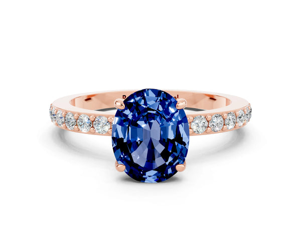 Rose gold Oval Cut Blue Sapphire Pavé Engagement Ring with Round  Accents and Prong Setting