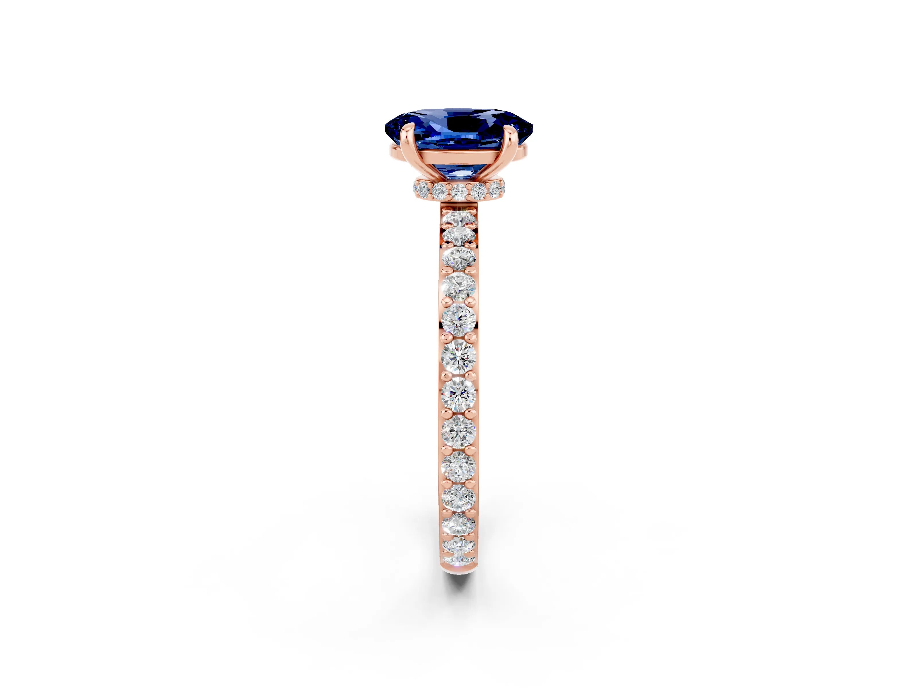 Rose gold Oval Cut Blue Sapphire Ring with Pavé Band and Four-Prong Setting_2