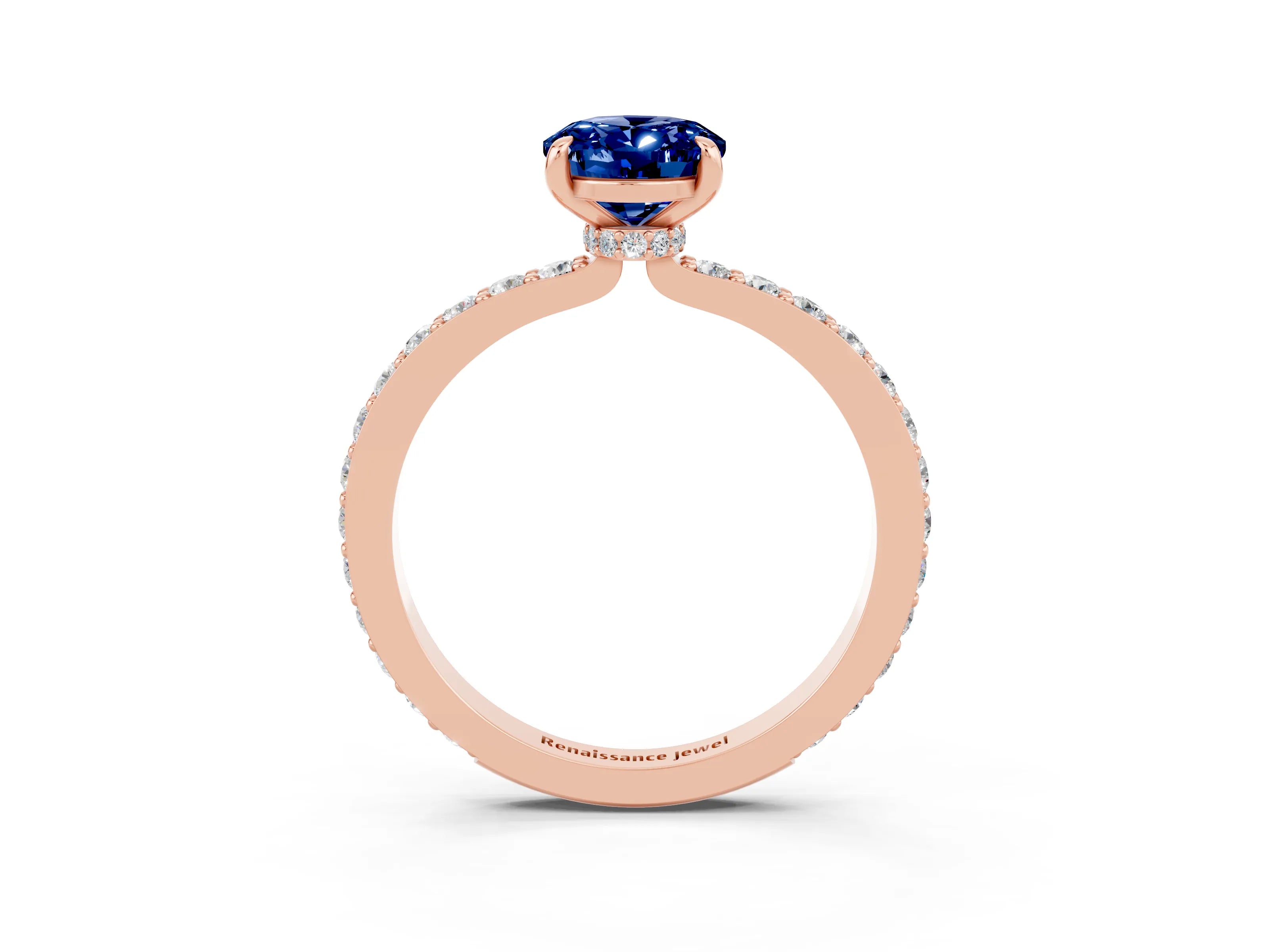 Rose gold Oval Cut Blue Sapphire Ring with Pavé Band and Four-Prong Setting_3