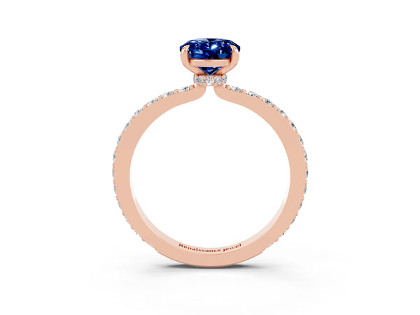Rose gold Oval Cut Blue Sapphire Pavé Engagement Ring with Round  Accents and Prong Setting