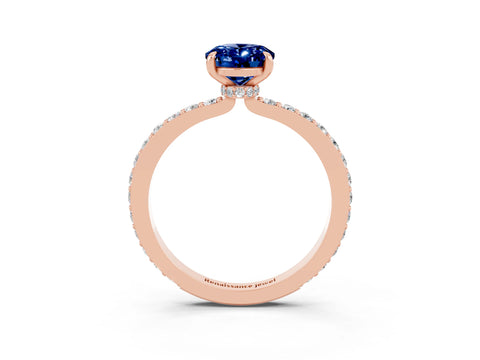 Rose gold Oval Cut Blue Sapphire Ring with Pavé Band and Four-Prong Setting_3