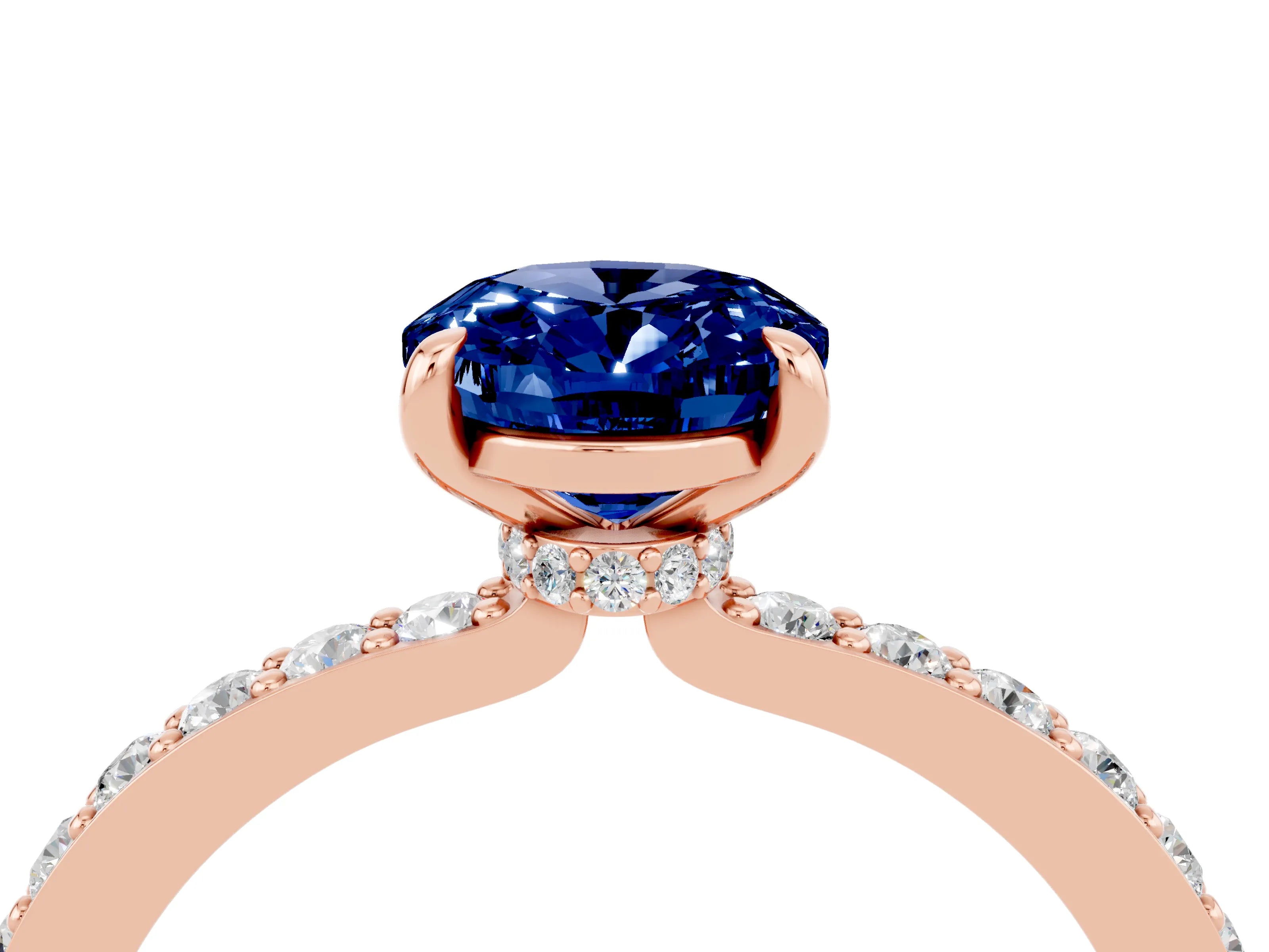 Rose gold Oval Cut Blue Sapphire Ring with Pavé Band and Four-Prong Setting_4