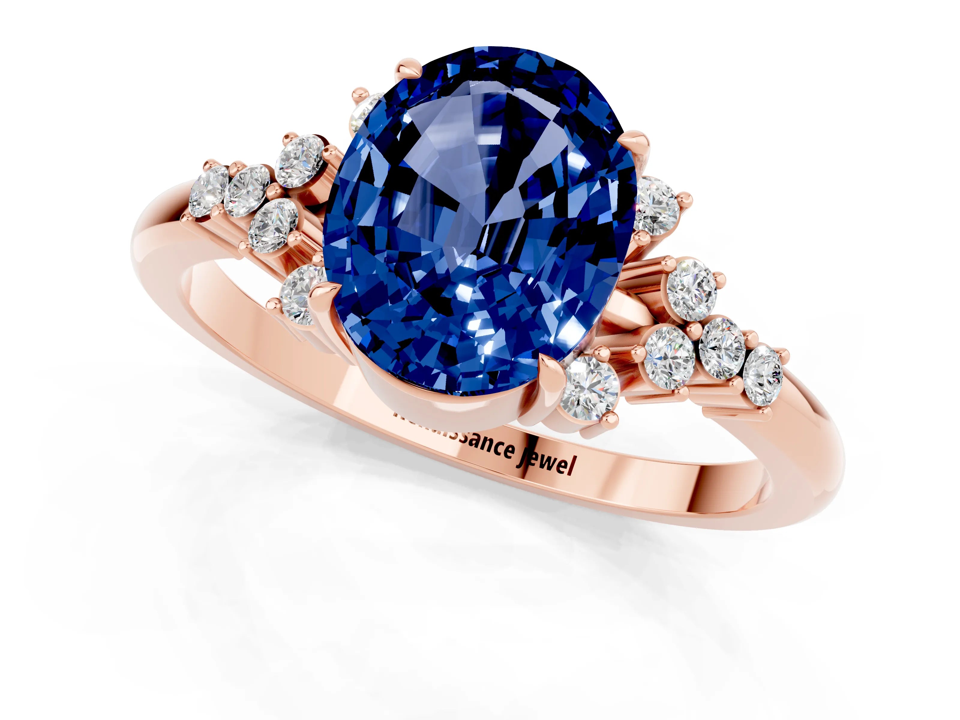Rose gold Oval Cut Blue Sapphire Ring with Side Stones and Four-Prong Setting_73