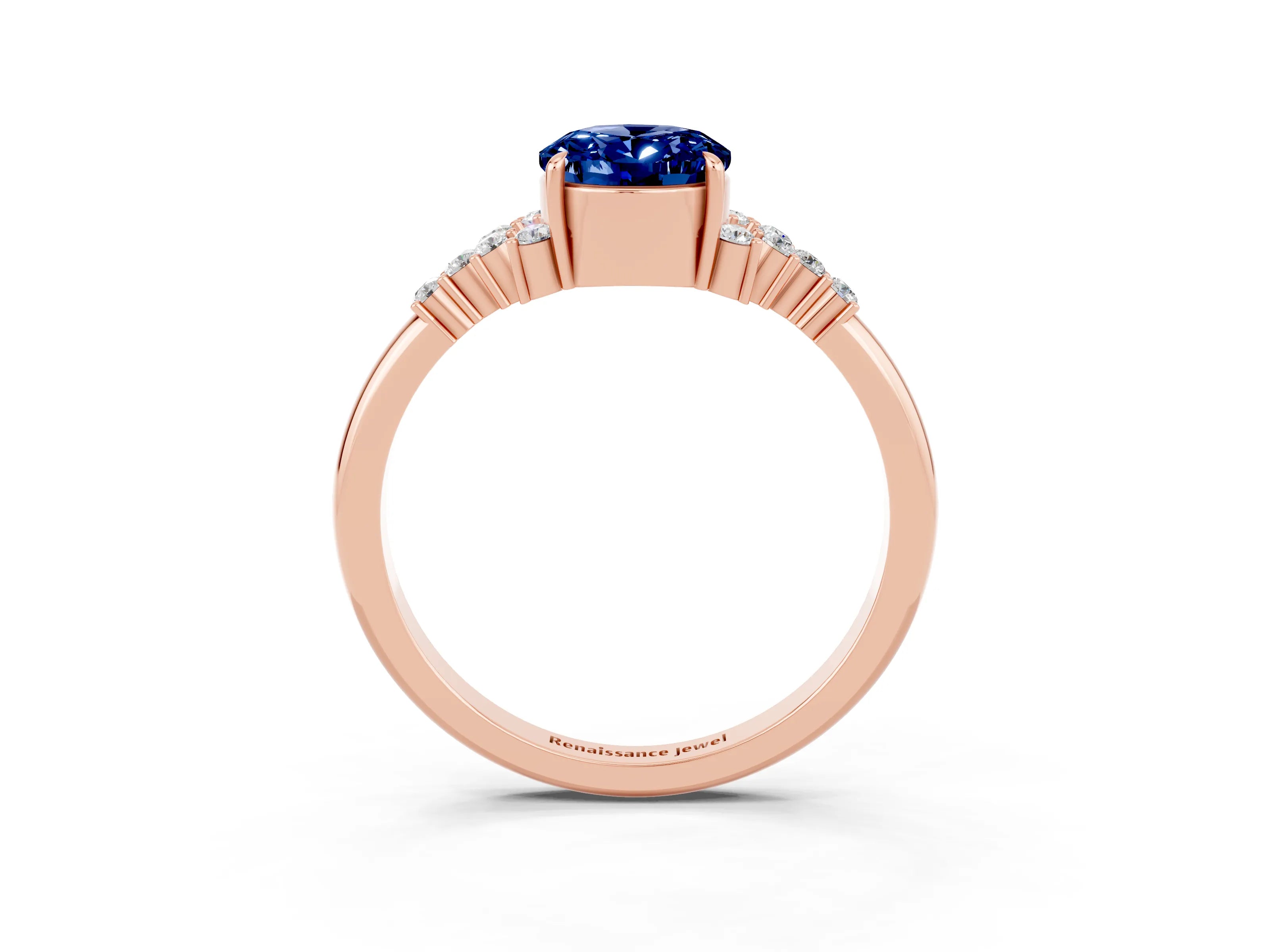 Rose gold Oval Cut Blue Sapphire Ring with Side Stones and Four-Prong Setting_75