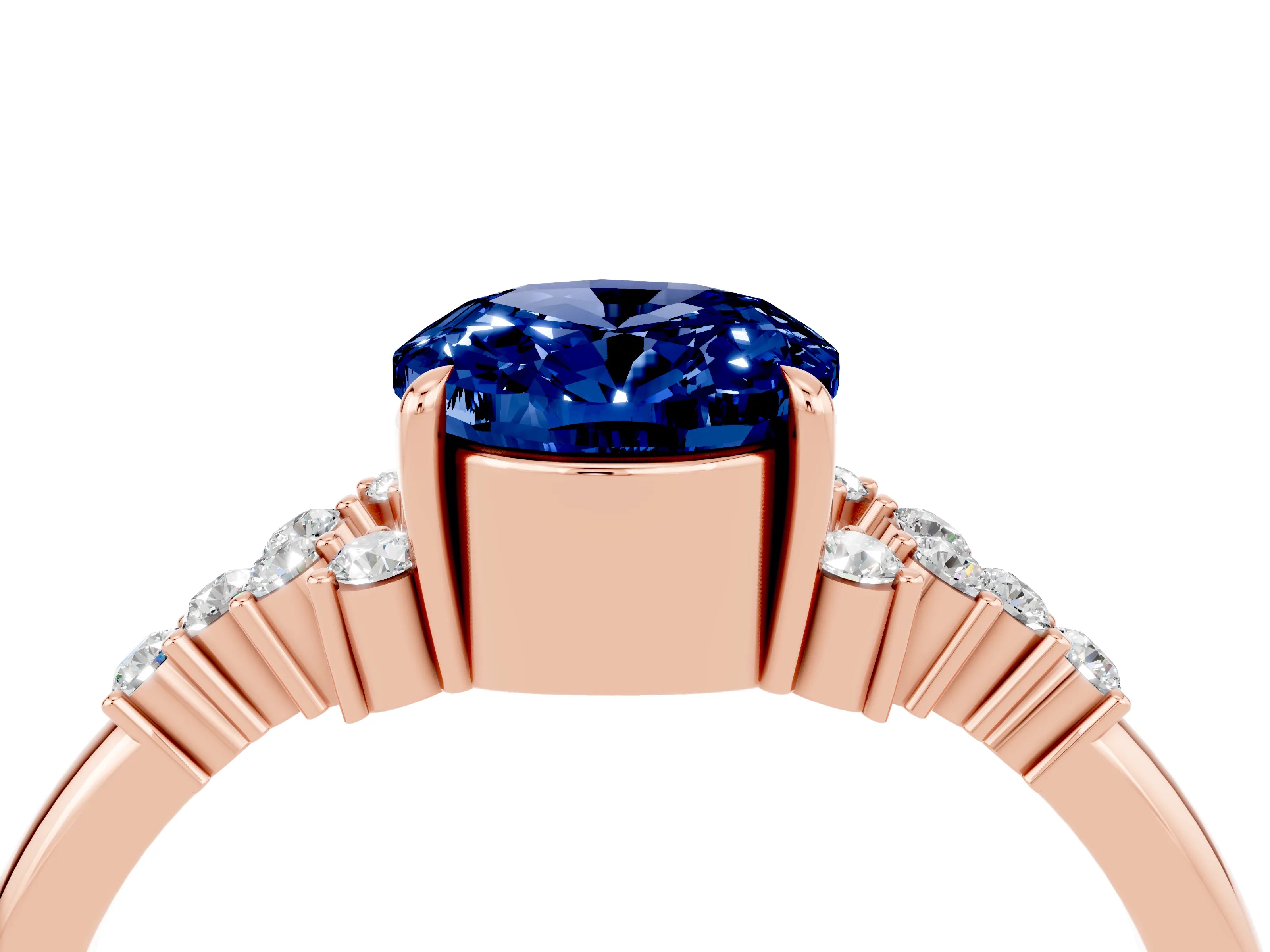 Rose gold Oval Cut Blue Sapphire Ring with Side Stones and Four-Prong Setting_76