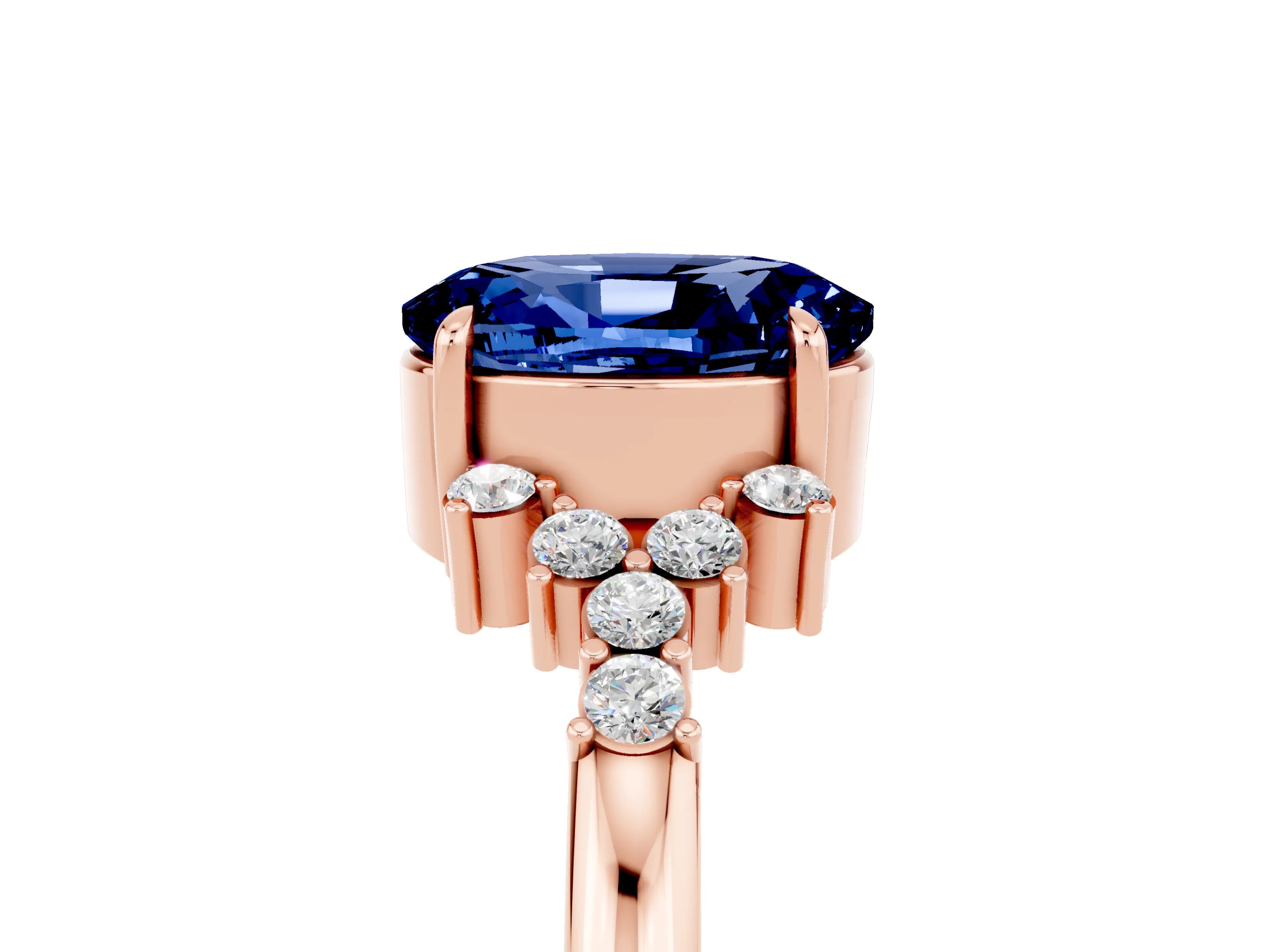Rose gold Oval Cut Blue Sapphire Ring with Side Stones and Four-Prong Setting_77