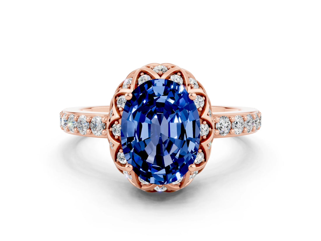 Rose gold Oval Cut Blue Sapphire Scalloped Halo Engagement Ring with Round Shared Prong Band_12