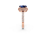 Rose gold Oval Cut Blue Sapphire Scalloped Halo Engagement Ring with Round Shared Prong Band_14
