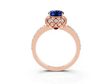 Rose gold Oval Cut Blue Sapphire Scalloped Halo Engagement Ring with Round Shared Prong Band_15