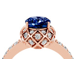 Rose gold Oval Cut Blue Sapphire Scalloped Halo Engagement Ring with Round Shared Prong Band_16