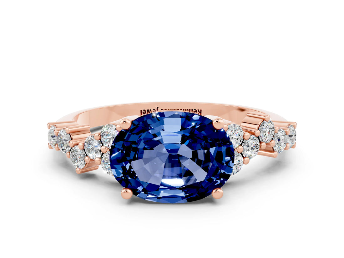 Rose gold Oval Cut Blue Sapphire Scattered Round Accent Ring with Prong Setting_12