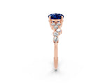 Rose gold Oval Cut Blue Sapphire Scattered Round Accent Ring with Prong Setting_14