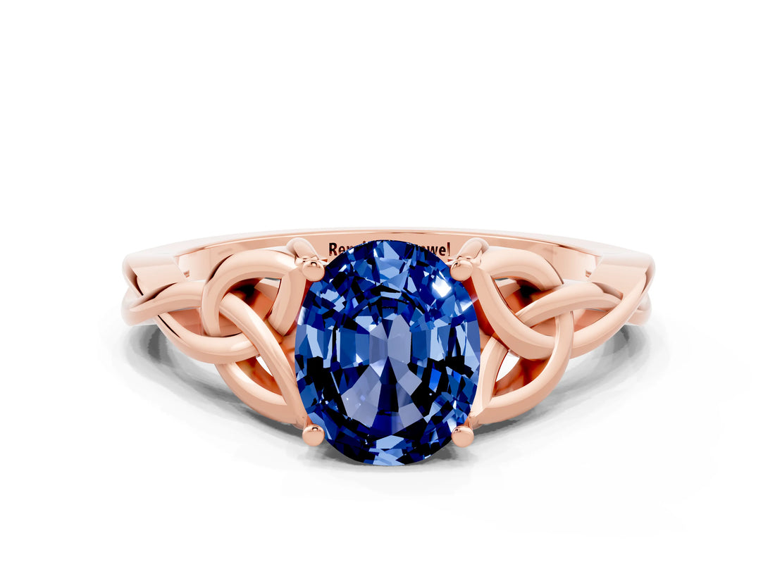 Rose gold Oval Cut Blue Sapphire Solitaire Celtic Knot Ring with Four-Prong Setting_12