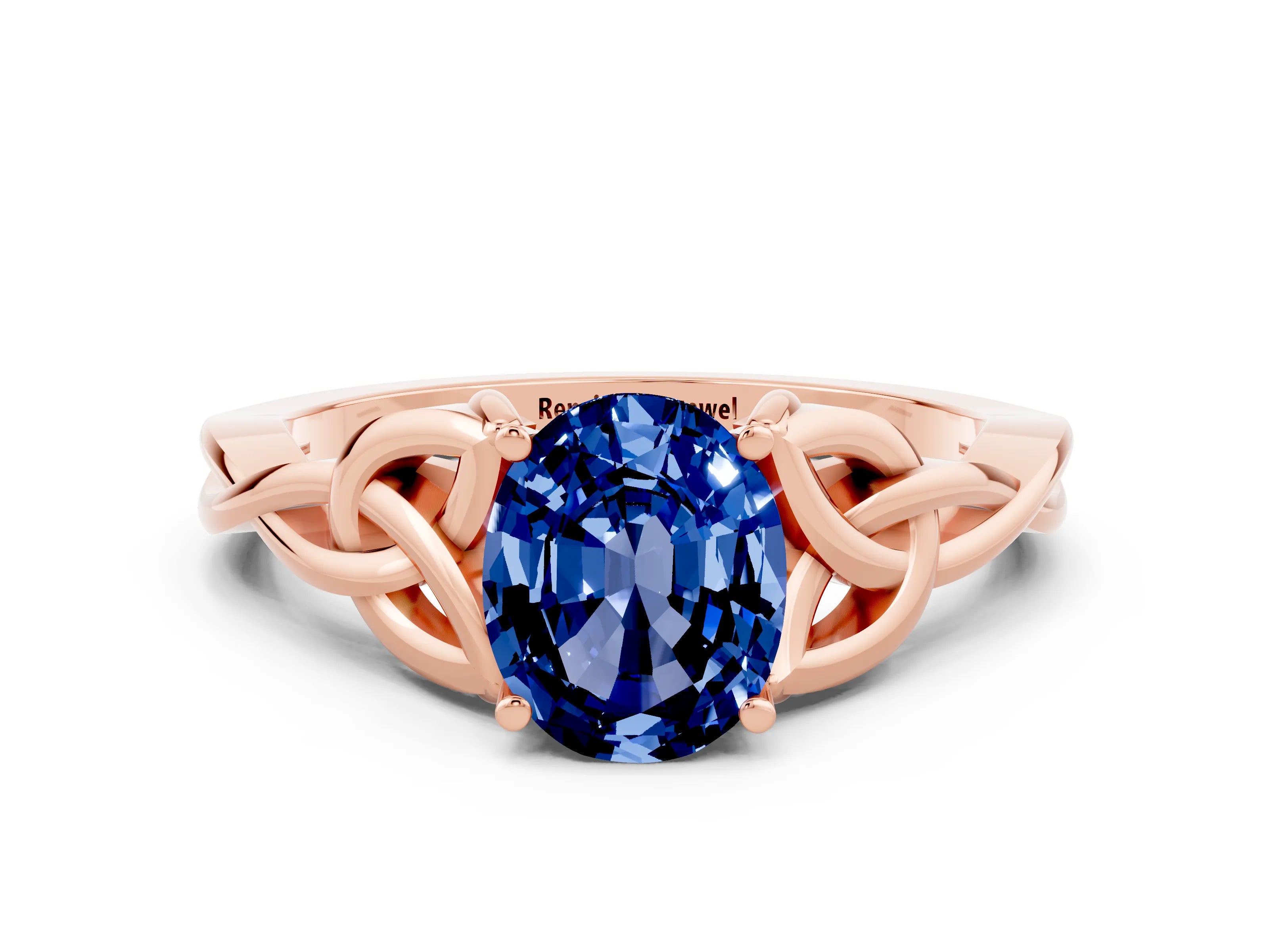 Rose gold Oval Cut Blue Sapphire Solitaire Engagement Ring with Celtic Knot Band and Four-Prong Setting