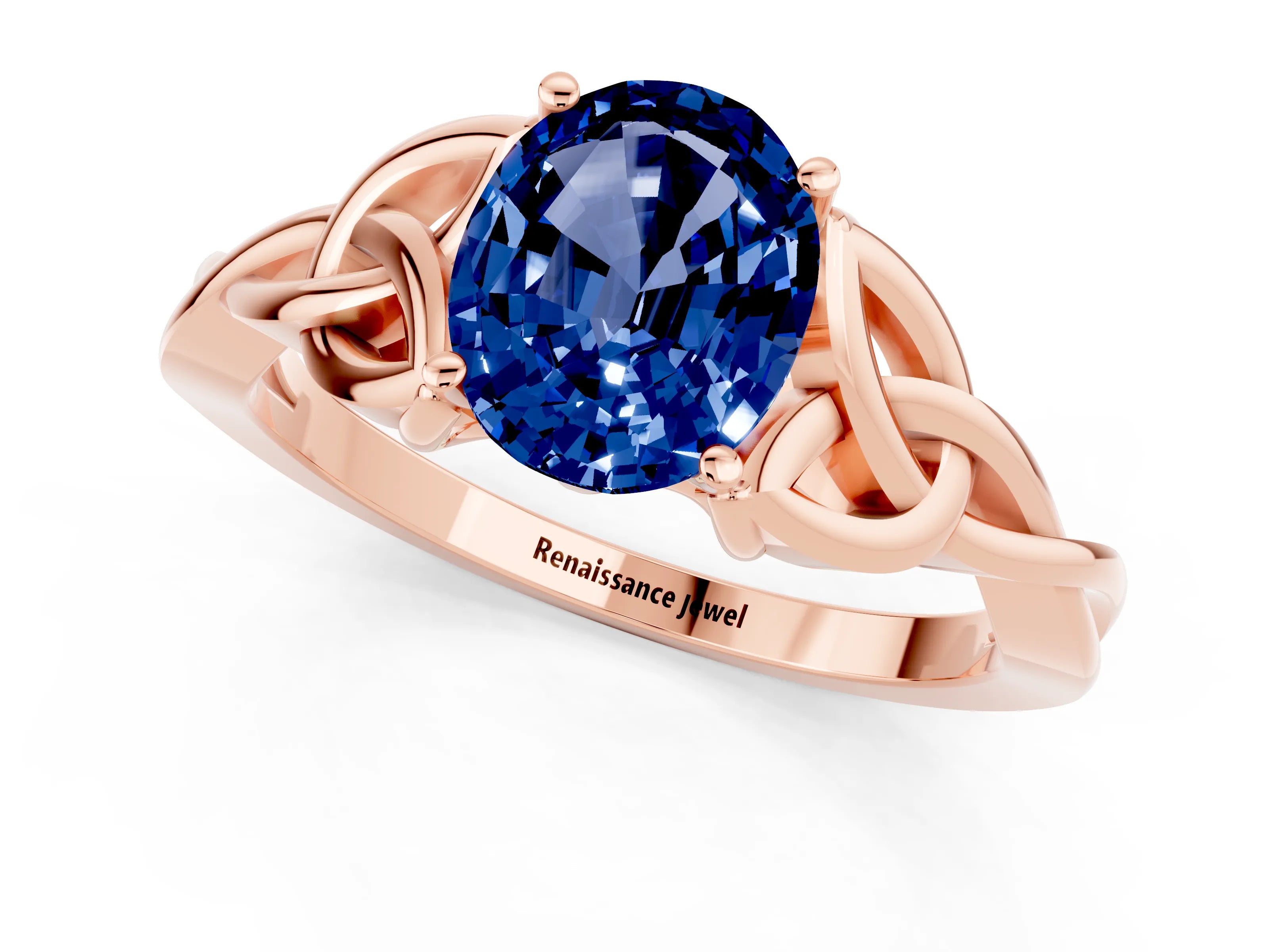 Rose gold Oval Cut Blue Sapphire Solitaire Engagement Ring with Celtic Knot Band and Four-Prong Setting_1