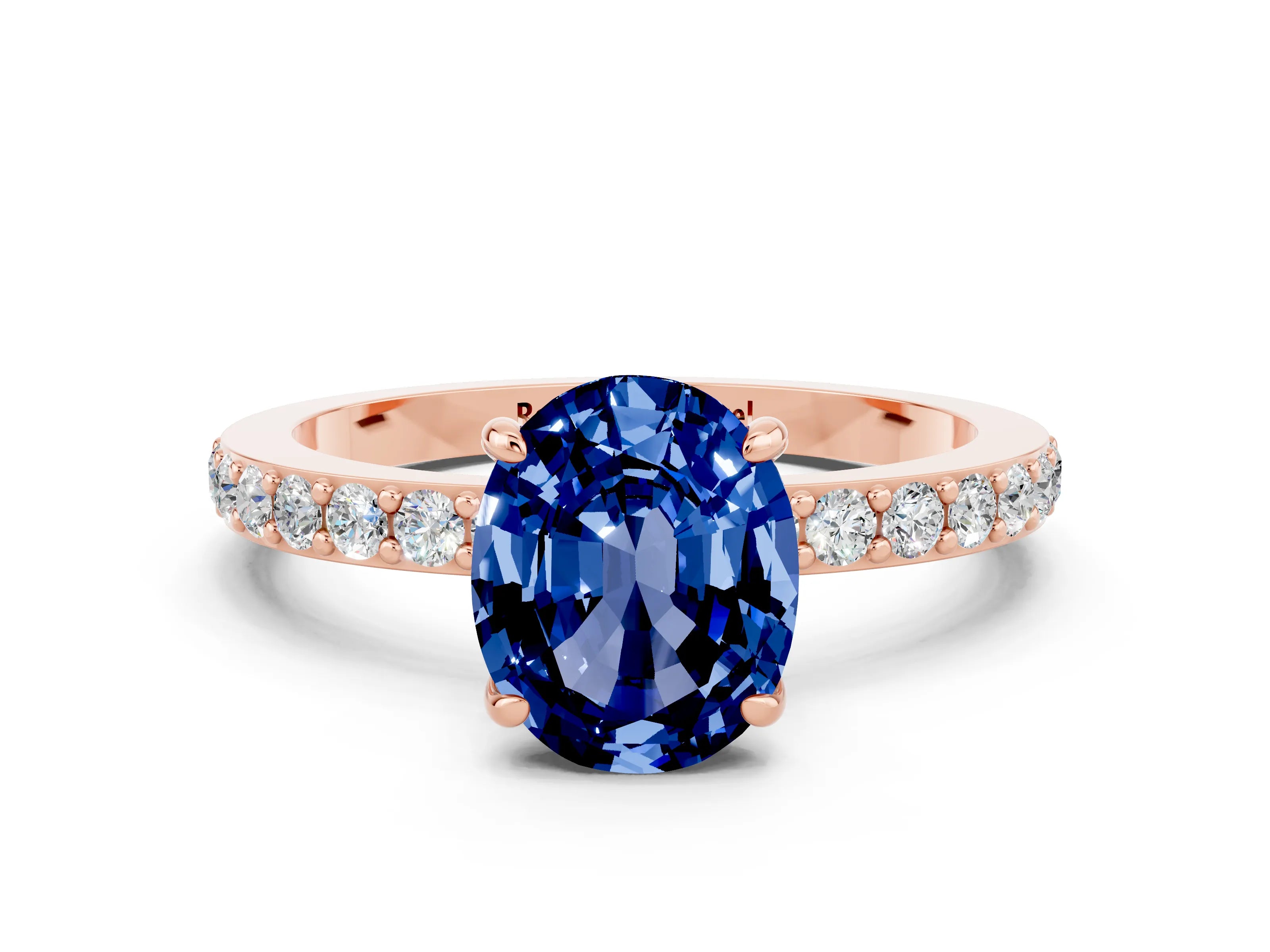 Rose gold Oval Cut Blue Sapphire Solitaire Engagement Ring with Pavé Band and Four-Prong Setting