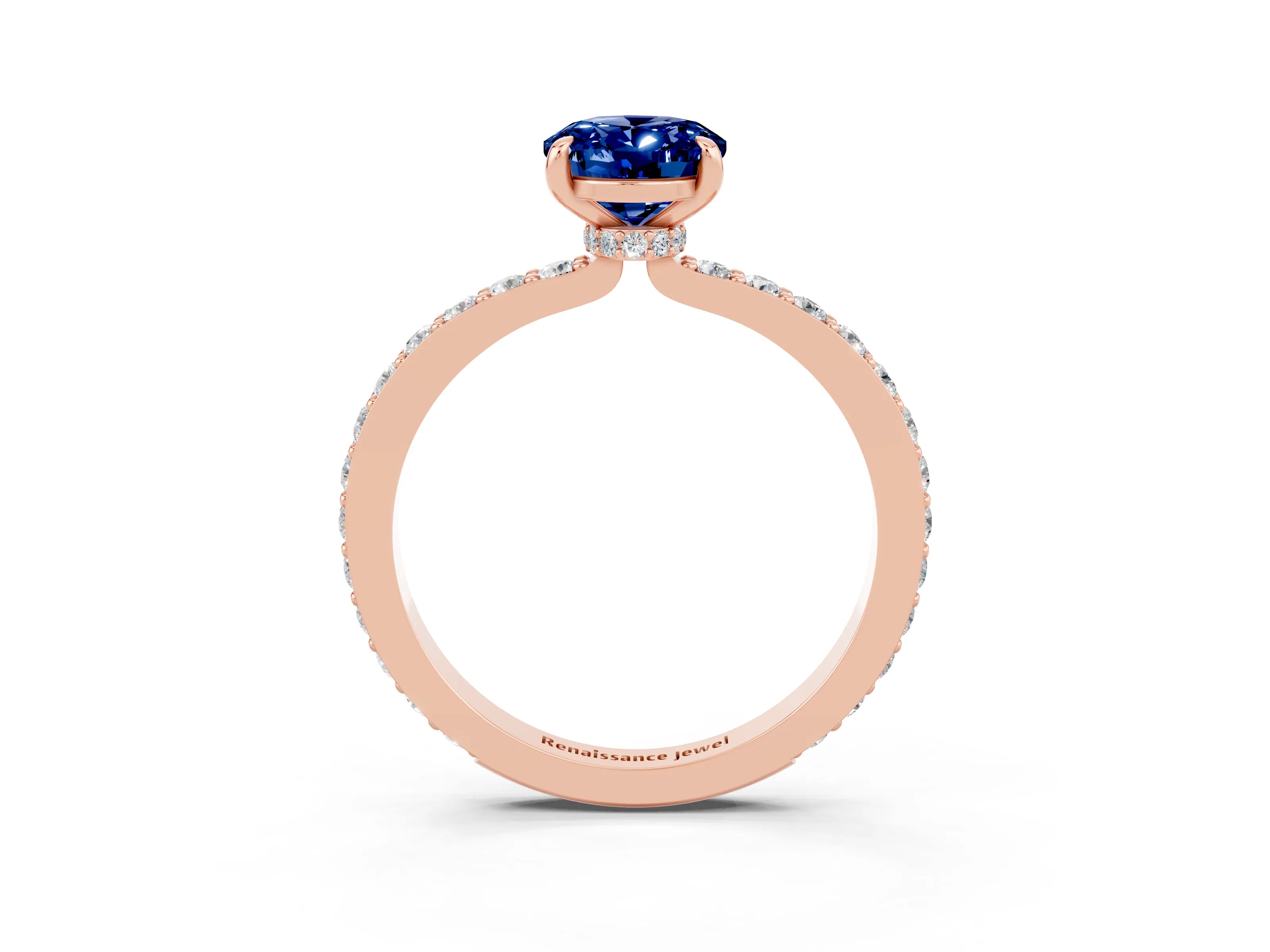 Rose gold Oval Cut Blue Sapphire Solitaire Engagement Ring with Pavé Band and Four-Prong Setting_3