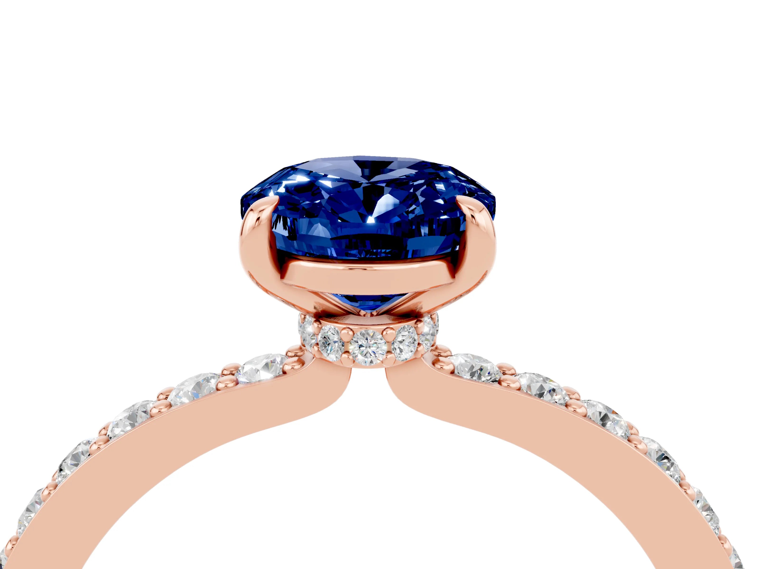 Rose gold Oval Cut Blue Sapphire Solitaire Engagement Ring with Pavé Band and Four-Prong Setting_4