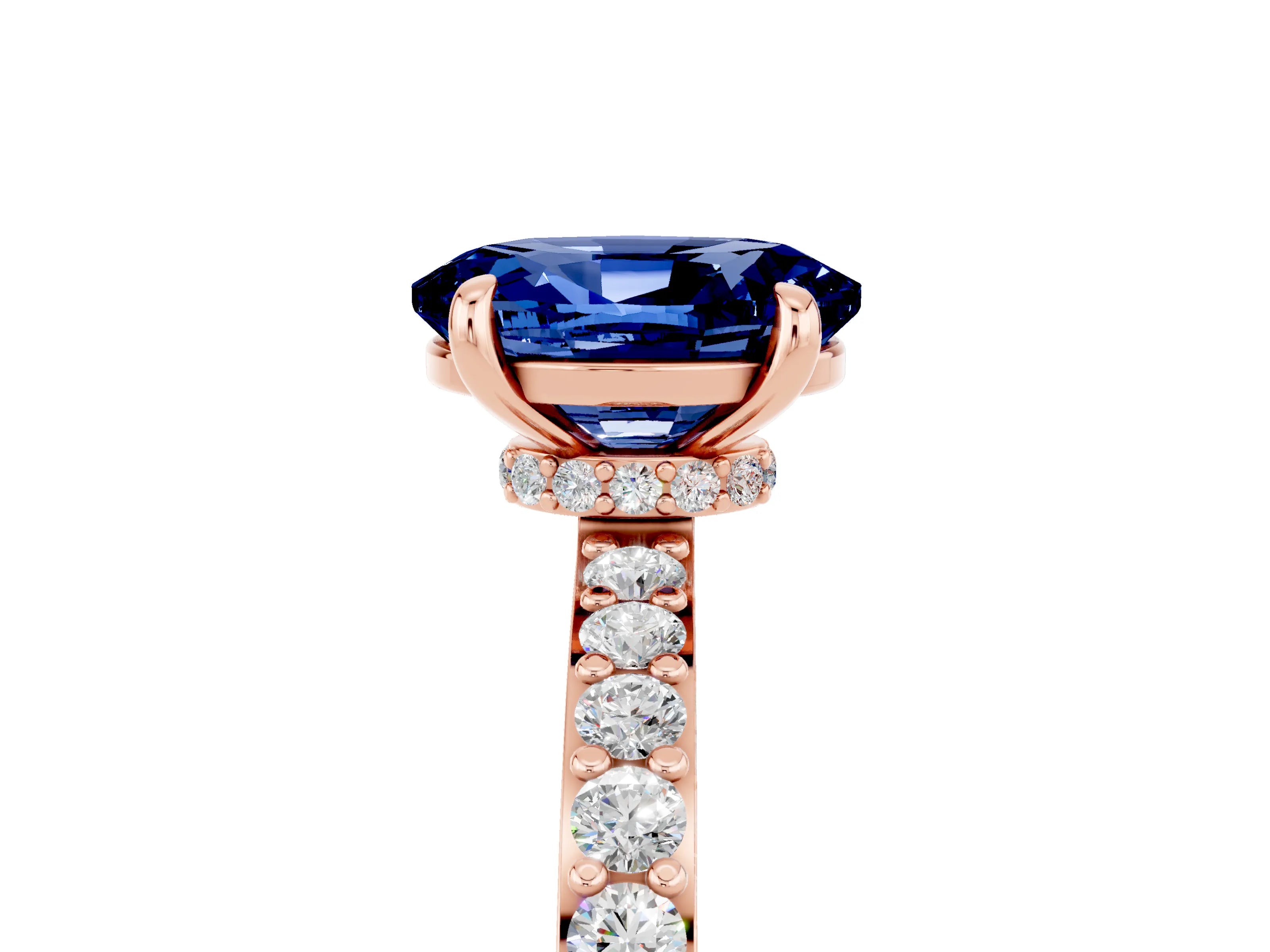 Rose gold Oval Cut Blue Sapphire Solitaire Engagement Ring with Pavé Band and Four-Prong Setting_5