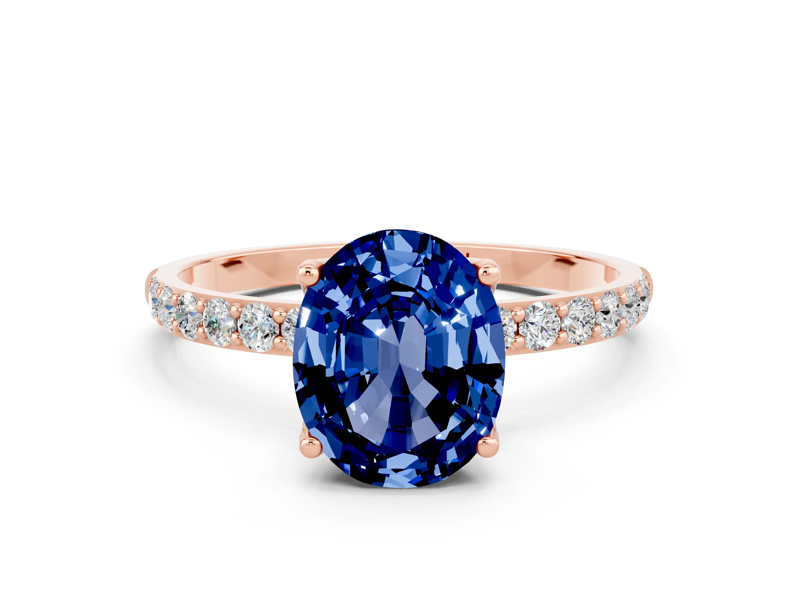Rose gold Oval Cut Blue Sapphire Solitaire Engagement Ring with Pavé Band and Prong Setting