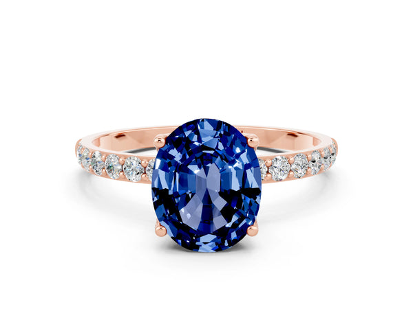 Rose gold Oval Cut Blue Sapphire Solitaire Engagement Ring with Round  Pavé Band and Prong Setting