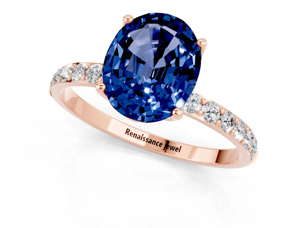 Rose gold Oval Cut Blue Sapphire Solitaire Engagement Ring with Round  Pavé Band and Prong Setting
