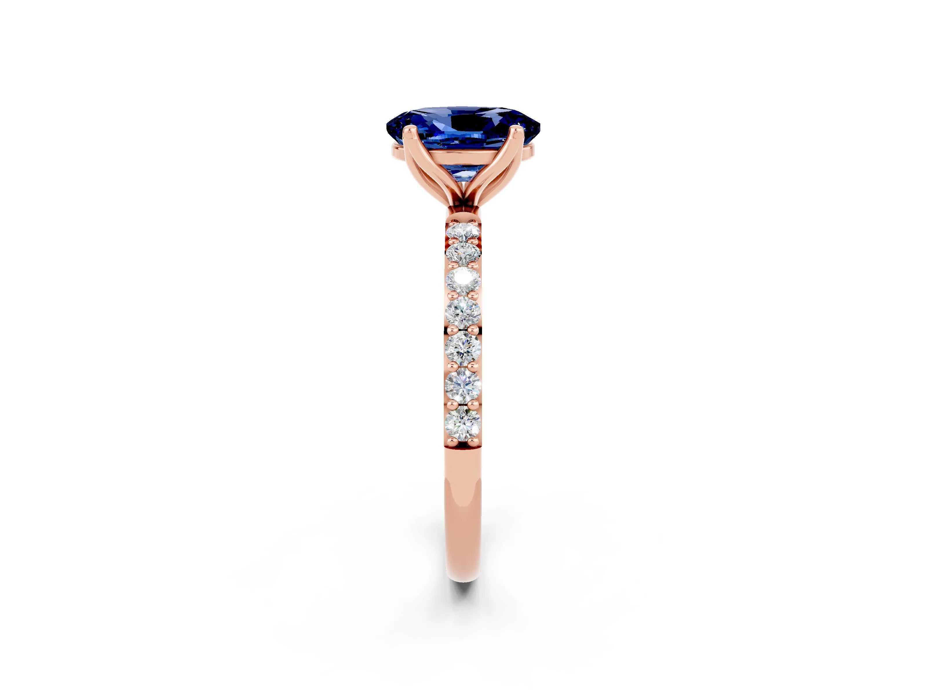Rose gold Oval Cut Blue Sapphire Solitaire Engagement Ring with Pavé Band and Prong Setting_2