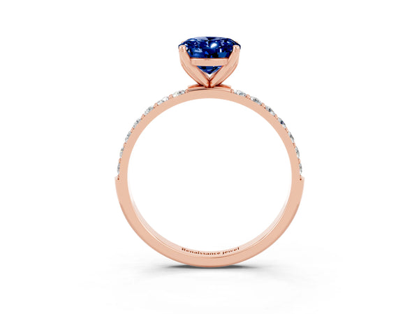 Rose gold Oval Cut Blue Sapphire Solitaire Engagement Ring with Round  Pavé Band and Prong Setting