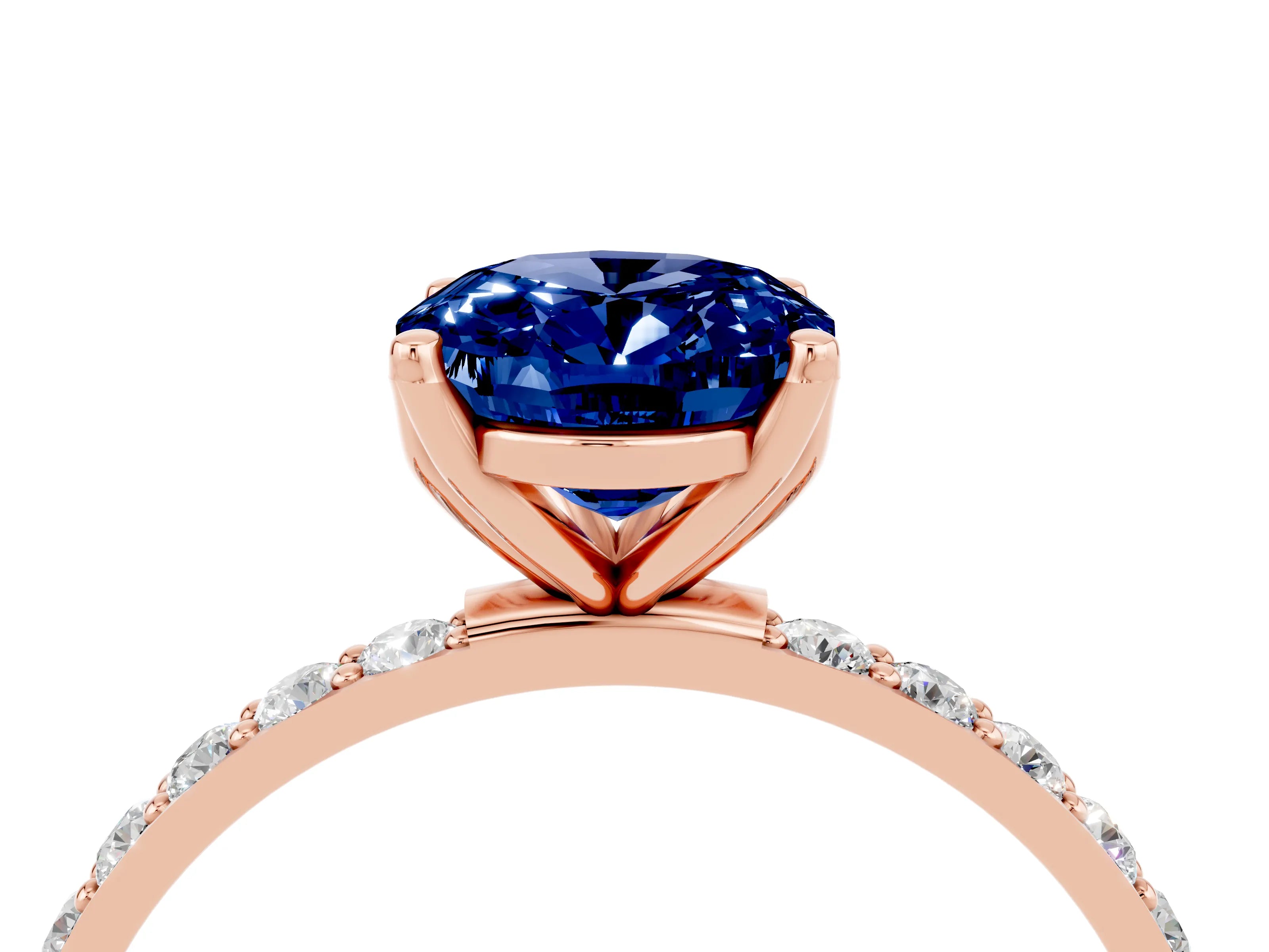 Rose gold Oval Cut Blue Sapphire Solitaire Engagement Ring with Pavé Band and Prong Setting_4