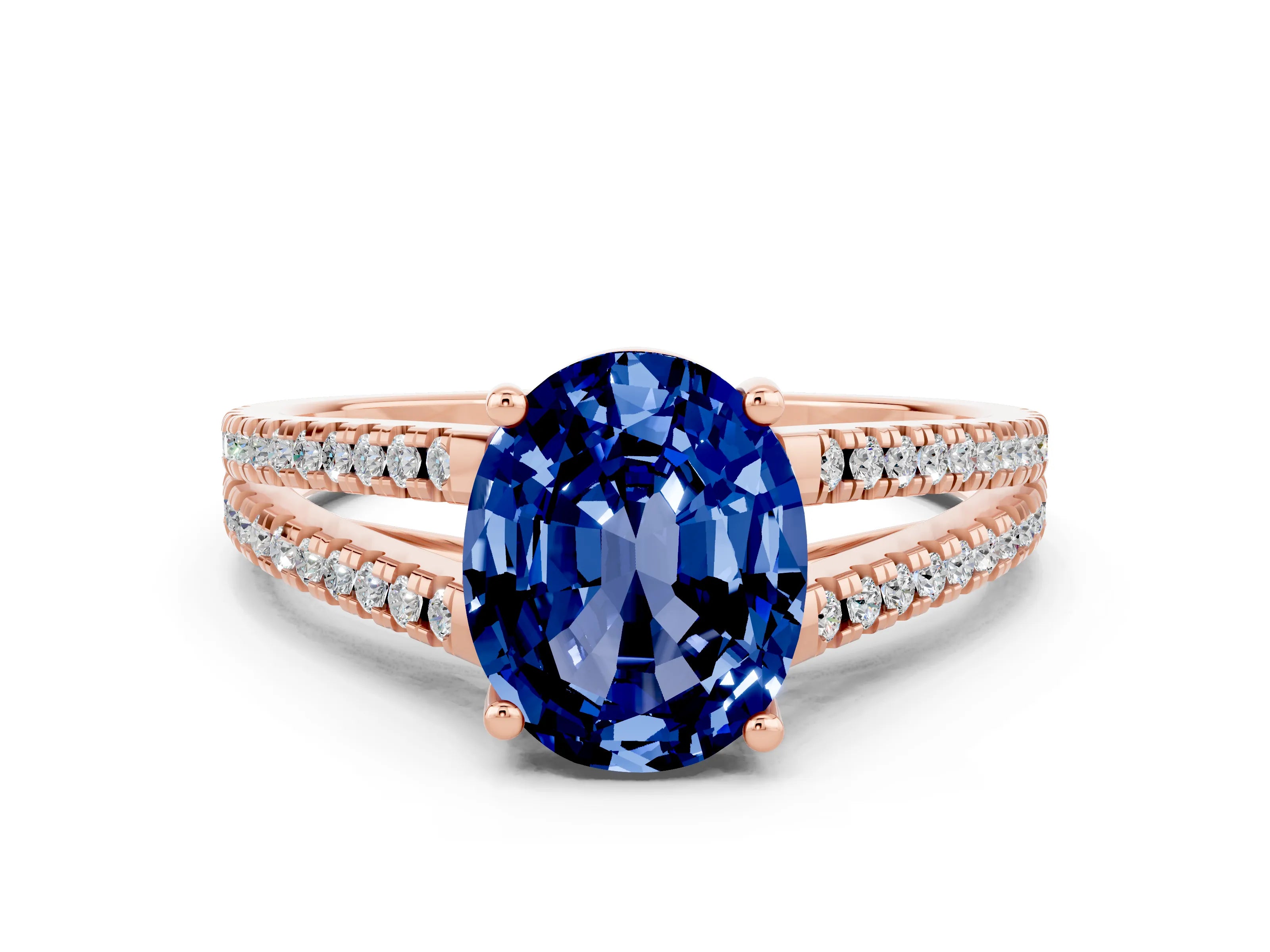 Rose gold Oval Cut Blue Sapphire Solitaire Engagement Ring with Split Shank Pavé Band