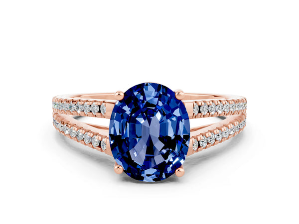 Rose gold Oval Cut Blue Sapphire Solitaire Engagement Ring with Split Shank Pavé Band