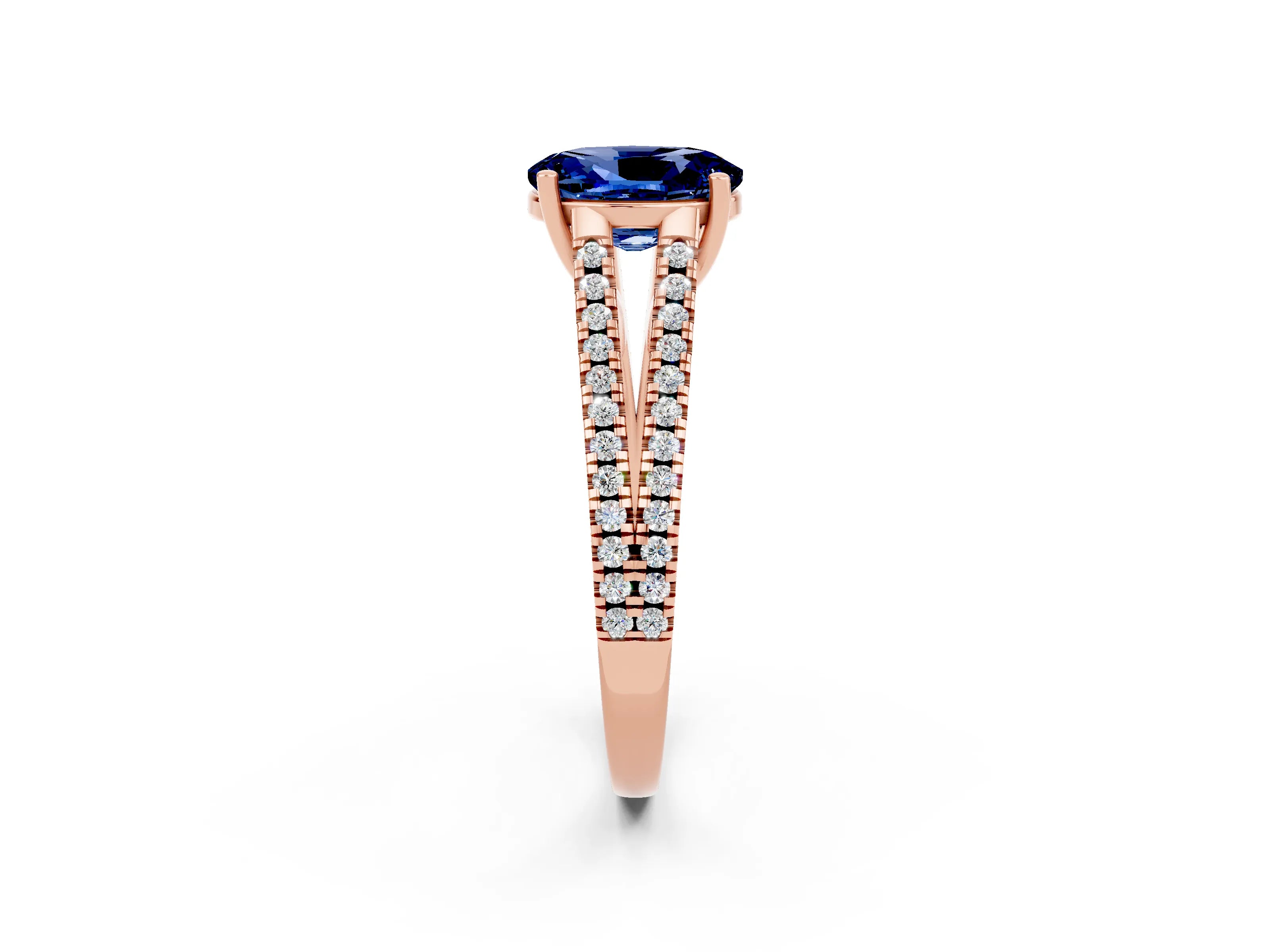 Rose gold Oval Cut Blue Sapphire Solitaire Engagement Ring with Split Shank Pavé Band_2