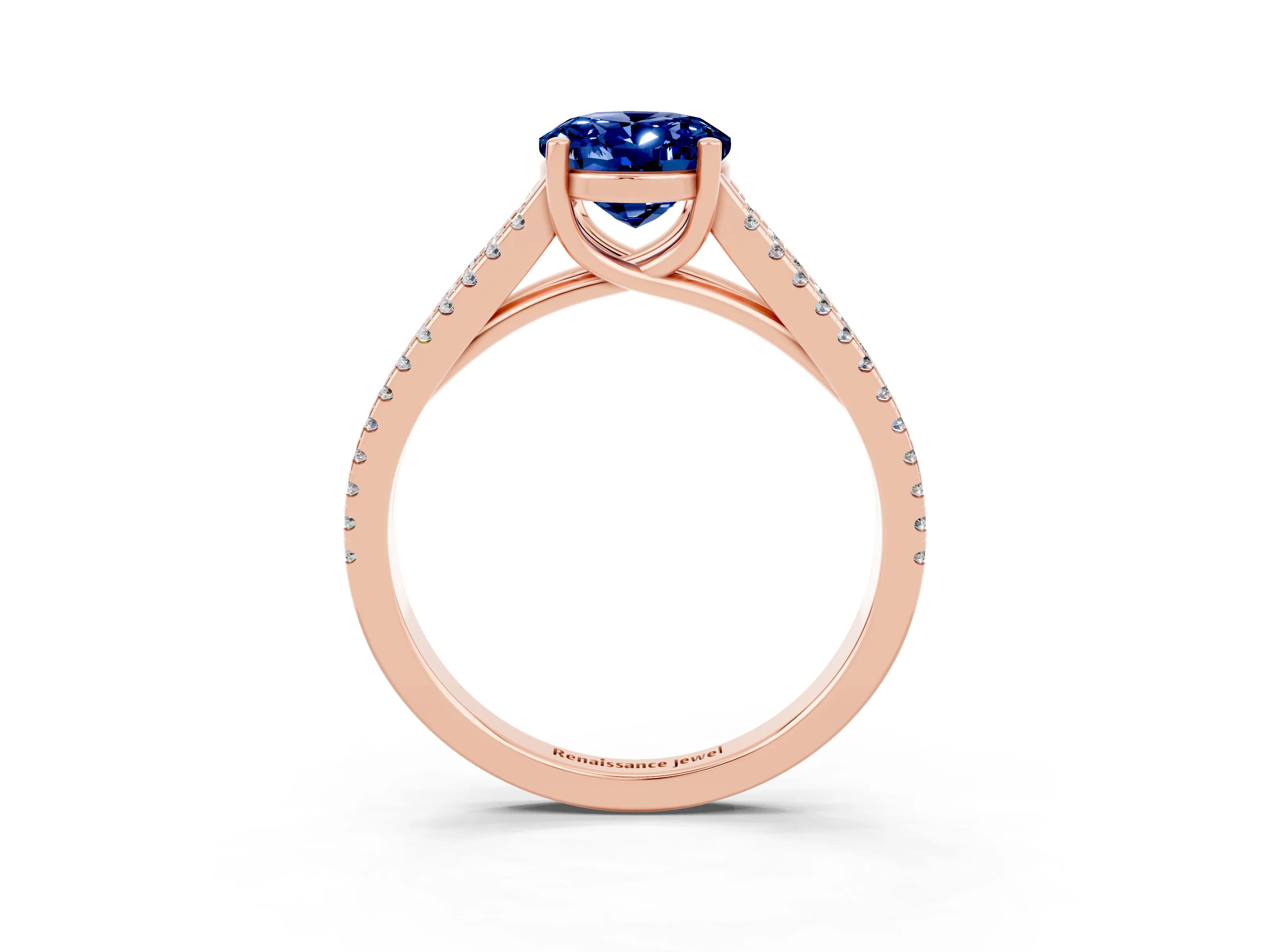Rose gold Oval Cut Blue Sapphire Solitaire Engagement Ring with Split Shank Pavé Band_3